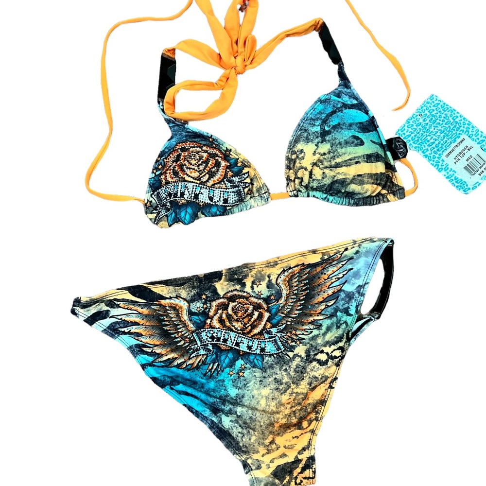 Affliction Bikini Bathing Suit Sinful Orange Blue Gemstones Bling Metal Size Med